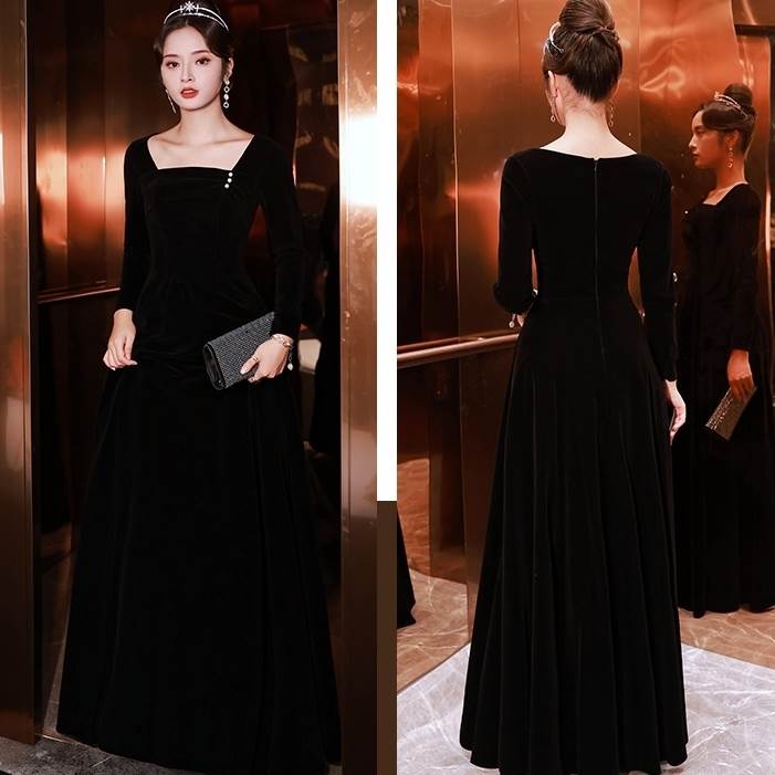 ロング ドレス パーティードレス 個性的 黒 袖あり 結婚式 二次会 お呼ばれ フォーマル 演奏会 ピアノ 発表会 ドレス 大人 かっこいい パール スクエアネック ベルベット 可愛い デコルテ 長袖