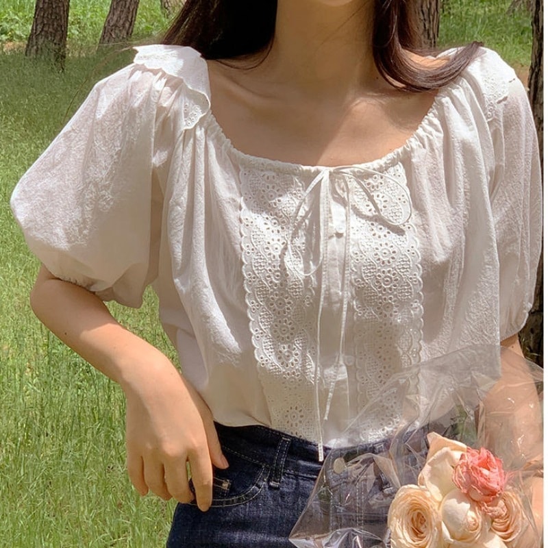 カットソー レディース 半袖 パフスリーブ スクエアネック リボン レース パンチング かわいい 大人可愛い きれいめ シンプル カジュアル 無地 春 夏 学生 デート お出かけ ホワイト トップス