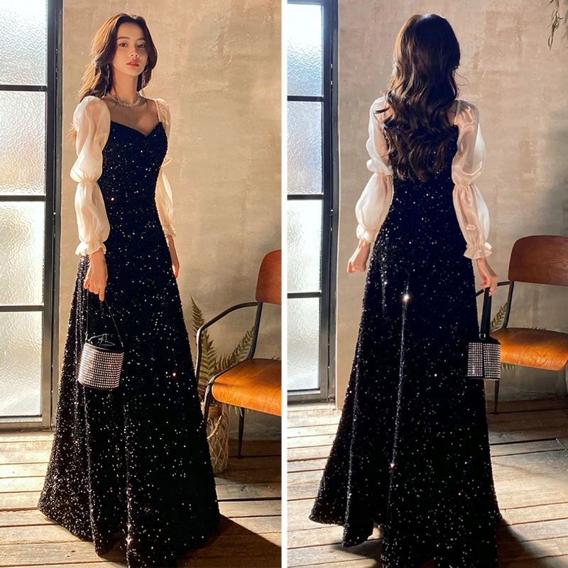 サテン袖 スパンコール キラキラドレス イブニングドレス パーティドレス レディース 長袖 パフスリーブ オフショルダー Aライン フェミニン ハイウエスト きれいめ 上品 エレガント 主役級ドレス