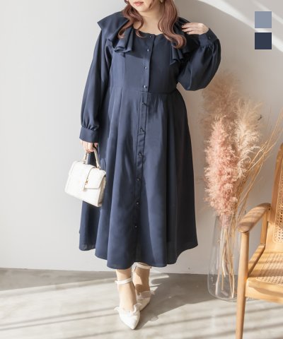 大きいサイズ レディース LL 3L 4L XL XXL XXXL CLETTEオリジナルスクエアフリルネックワンピース 5,543円