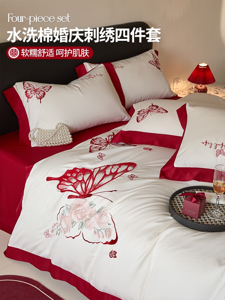 結婚式用ベッド4点セット新婚蝶柄寝具ウォッシュドコットン製掛け布団カバー結婚祝い用寝具