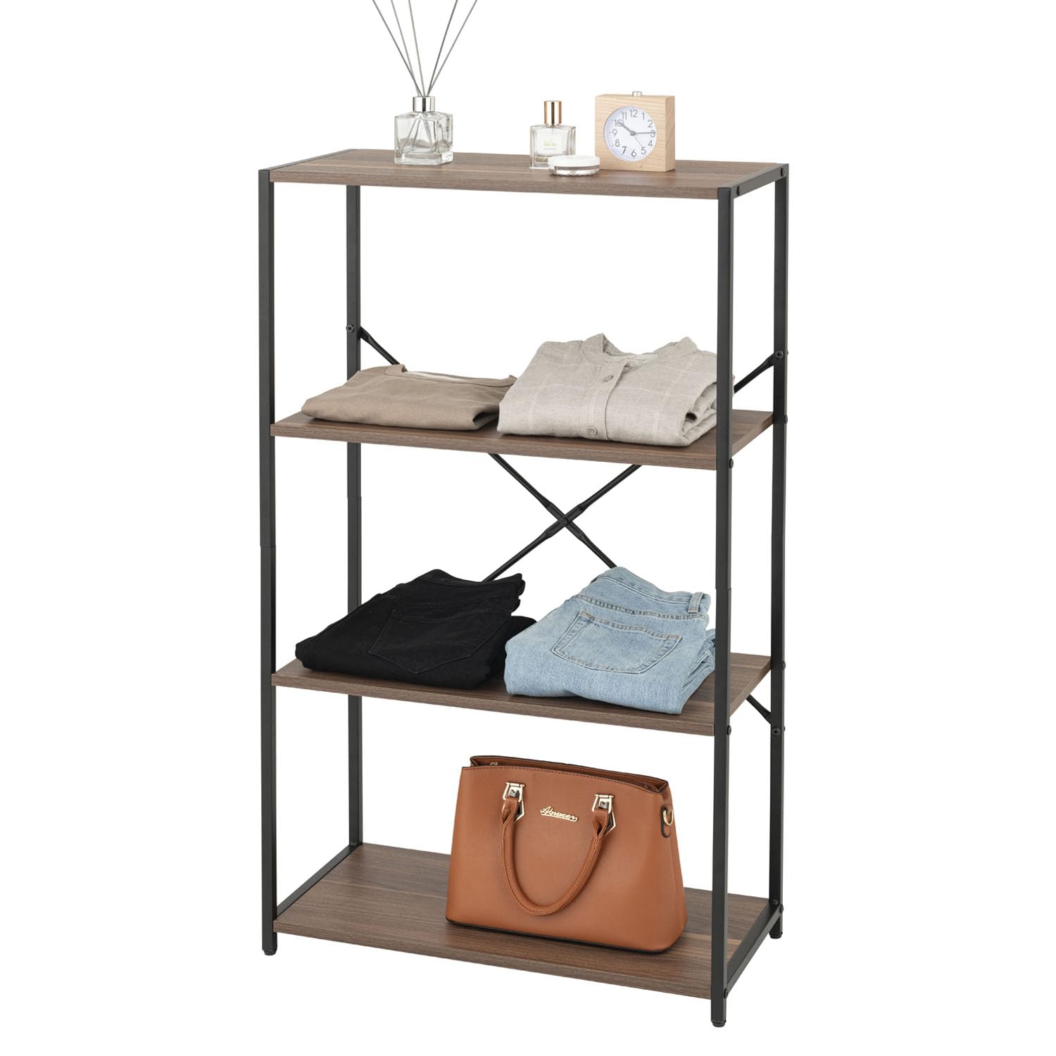 全国送料無料 ドウシシャ すっきり収納 フリーラック ブラウン 4段 木目×スチール 幅63.5 × 奥行30 × 高さ105.5cm SS65-4BR オープンシェルフ 北欧風デザイン 省スペース収