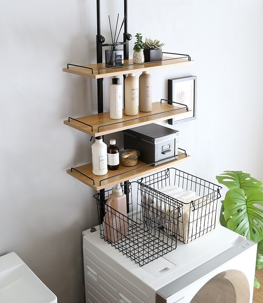 ランドリーラック つっぱり 洗濯機上 棚 おしゃれ 北欧モダン 木目柄 突っ張り 省スペース スリム 隙間収納 シェルフ 幅60cm