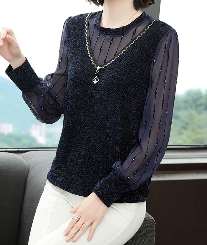 トップス シャツ ブラウス 袖あり 長袖 Uネック ストレート シフォン 透け感 シースルー かわいい