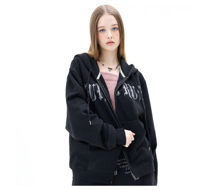 【LUV IS TRUE】 MZ 2-WAY GLITTER HOOD ZIP UP : BLACK