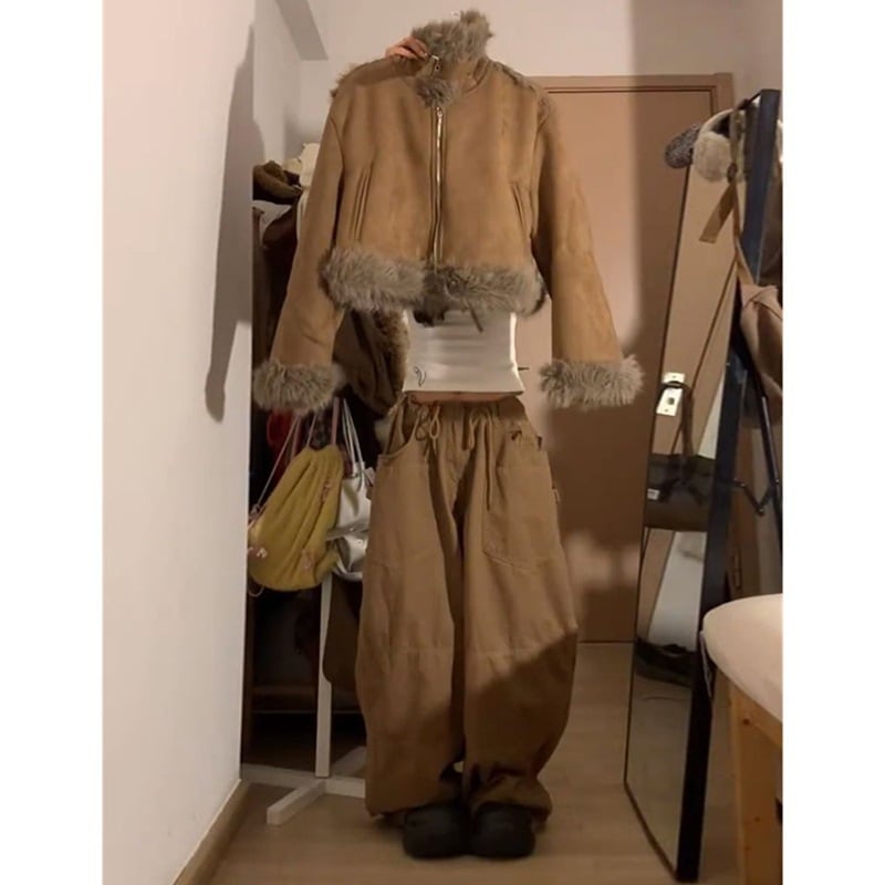 レディース 秋冬 レトロスタイル 厚手 ファー裏地 ショートファージャケット＆ハイウエスト ワイドレッグパンツ ツーピースセット