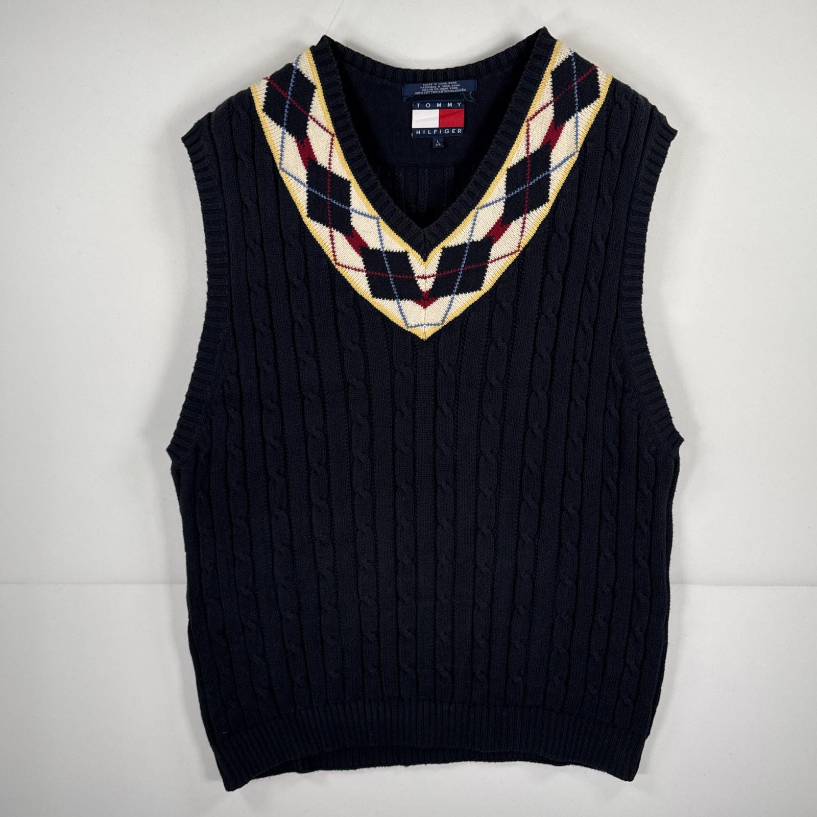 古着 90s/90年代 ノースリーブ セーター アーガイル柄 リブ編ニット ベスト L ネイビー チェック メンズ