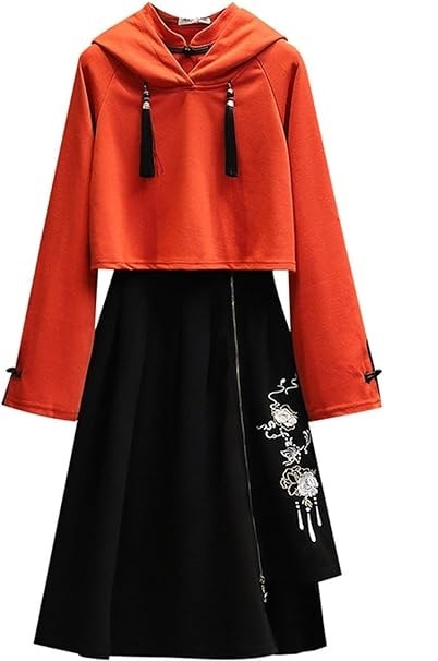 [Sky]中華風 パーカー フード付き スカート レディース 2点セット チャイナ服 おしゃれ トップス + スカート 春秋 上下セット パーティーイベント学園祭文化祭忘年会