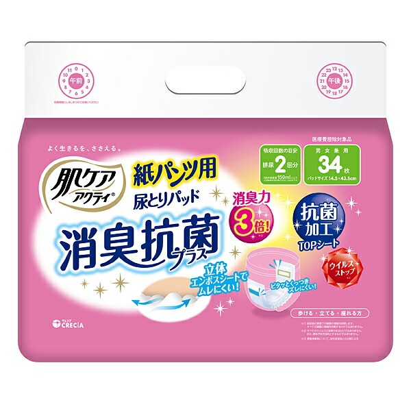 肌ケアアクティ紙パンツ用尿取りパッド2回分吸収 34枚6個入り (1ケース)(SH)