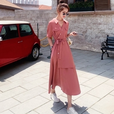 ワンピース シャツ シャツワンピース ロング ロング丈 袖あり 半袖 Vネック 襟付き 細身 Aライン ウエストリボン ポリエステル かわいい 大人可愛い きれいめ シンプル カジュアル 大人 上品