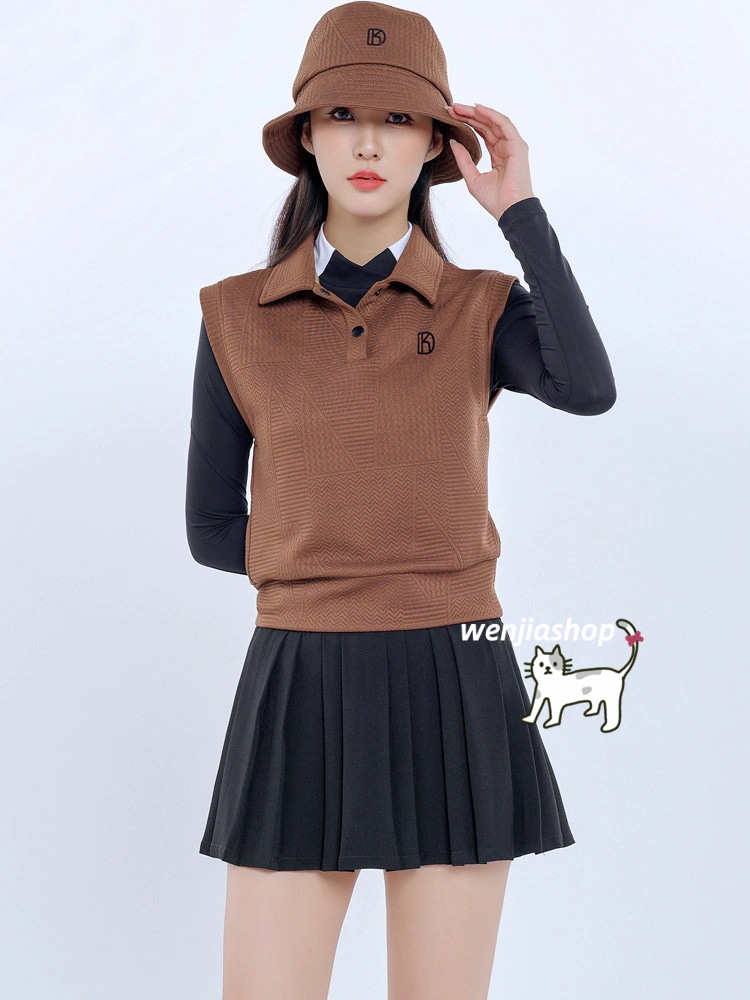 ゴルフウェア レディース スポーツウェア ゴルフスカート ベスト 袖無し 長袖 スカート 上下セット 大きいサイズ ブラウン 黒 韓国風 おしゃれ