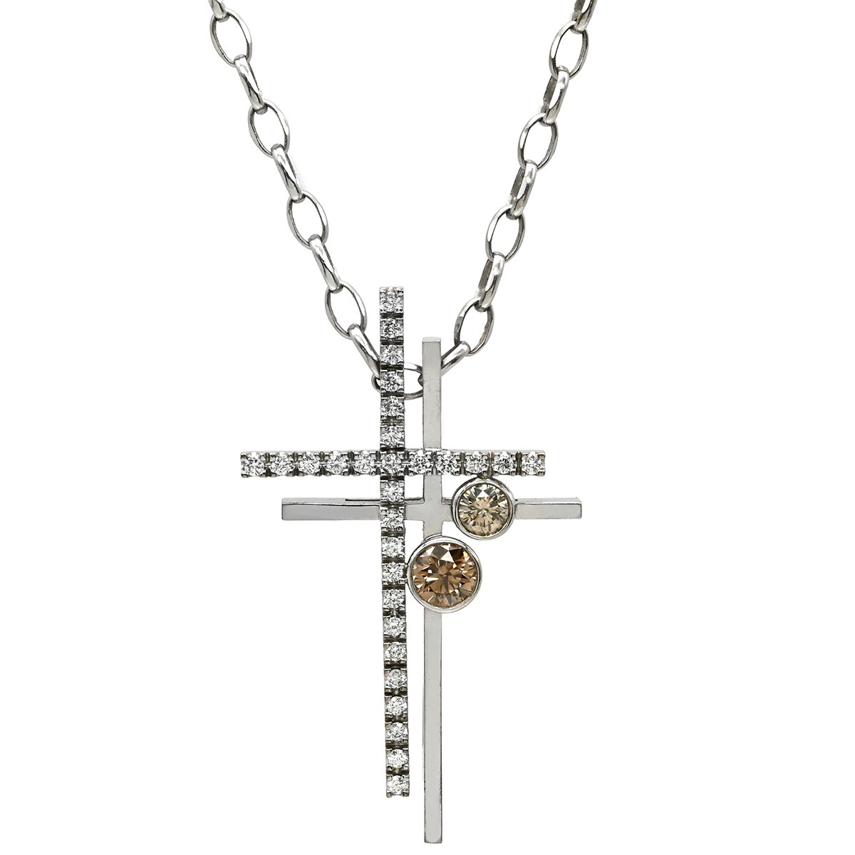 カシケイ ネックレス ダブルクロス ブラウンダイヤ ペンダント ホワイトゴールド Kashikey 18K 750 WG 十字架 クロス 【中古】