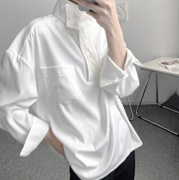 トップス 上着 人気 おすすめ おしゃれ お洒落 安い プチプラ Tシャツ ロンT 長袖 襟付き スタンドカラー プルオーバー オーバーサイズ 無地 ドロップショルダー