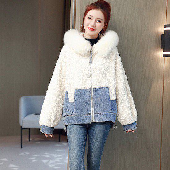 デニムジャケット レディース ファー フード付き ブルゾン アウター 大きいサイズ XL デニム ボア ボアブルゾン ボアジャケット 切り替え 長袖 ビッグシルエット 体型カバー オーバーサイズ 暖か