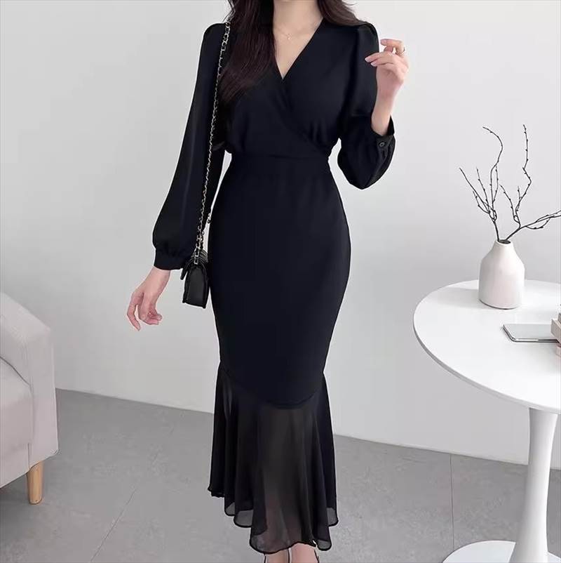 レディース ワンピース フレア ミモレ ロング 長袖 パフスリーブ Vネック カシュクール タイト マーメイド フェミニン ウエストマーク ハイウエスト 大人可愛い きれいめ 上品 切り替えデザイン