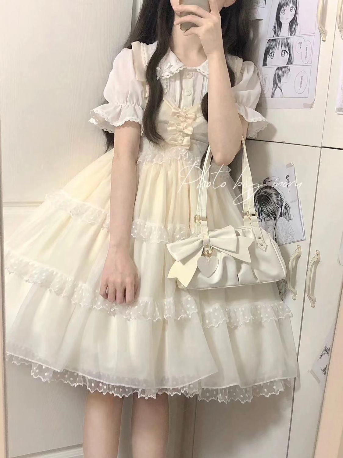 ロリータ コスプレ 脚魅せミニスカート春夏 新作 シャツ+蝶結び ワンピース 可愛らしい 二点セット