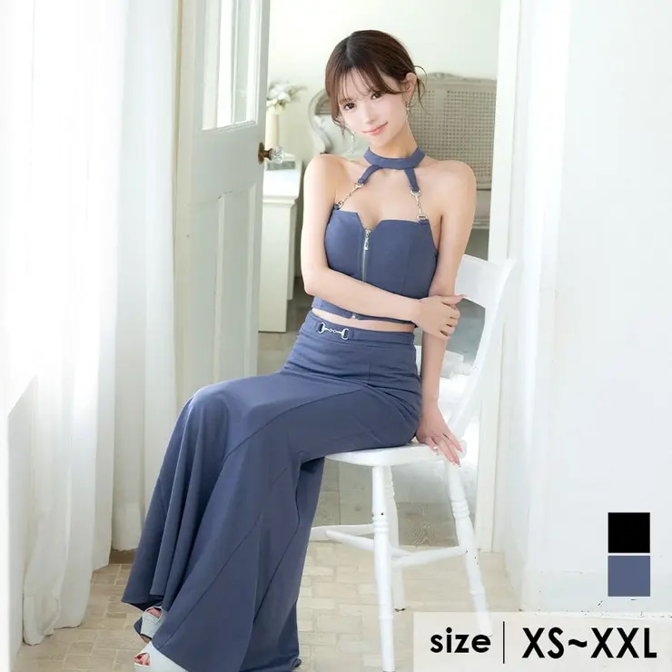 Tika キャバドレス フロントジップチェーンホルダーセットアップロングドレス セクシードレス ホルターネック チョーカー コード ベルト風 袖なし マーメイド バストカット カットアウト ハーフジッ