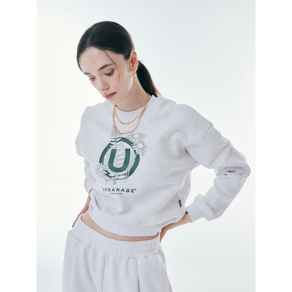 URBANAGEフラワーWマンツーマンホワイトメランジ