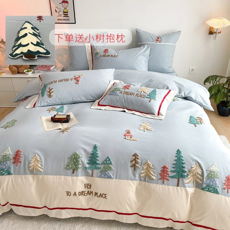 秋冬森林夢小清新全綿磨毛四点セット刺繍厚手布団シーツ寝具
