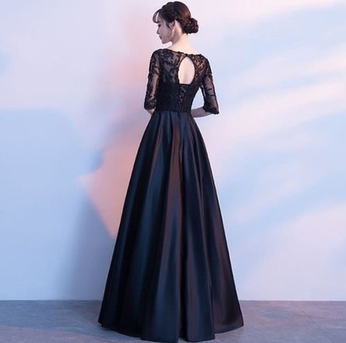 A1162.演奏会用ロングドレス（ブラックUネック）2019 2019 春夏 sale ワンピース エレガント カジュアル お呼ばれ 結婚式 披露宴 パーティー 女子会 レストラン デート