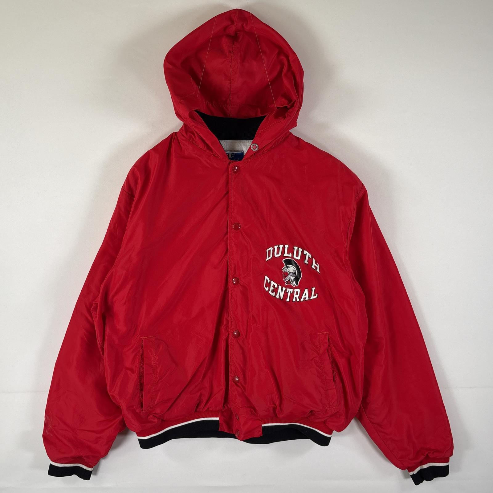 古着 90s/90年代 USA製 ナイロンスタジャン パーカー チームロゴ バックプリント フーディ L レッド メンズ