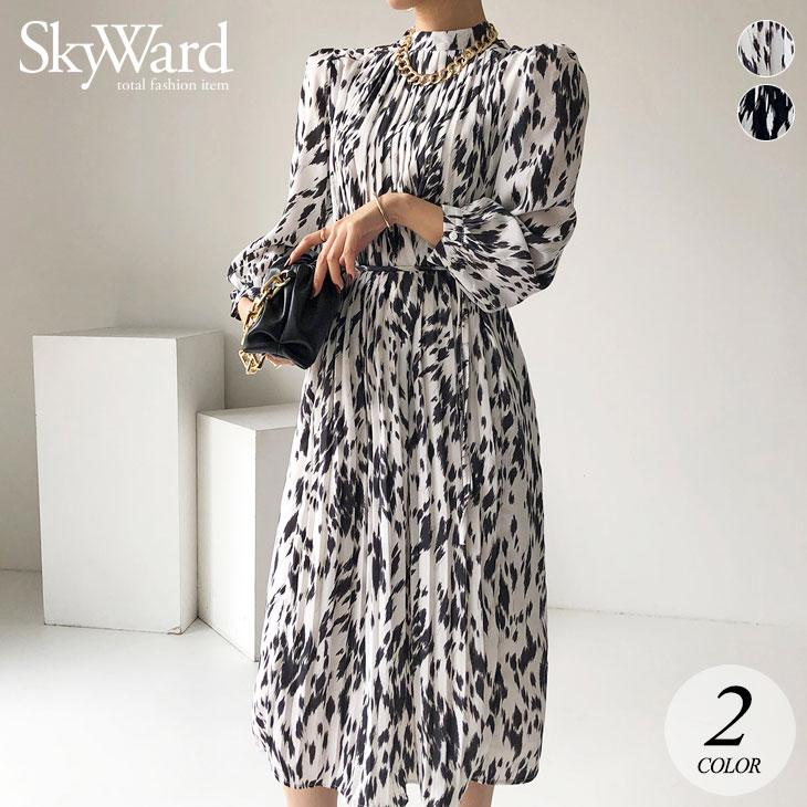 【2025新作 急速出荷】アニマル柄 フレア ミモレ ワンピース ボリューム袖 パフスリーブ 長袖 プリーツ ロング ワンピ ゆったり 大きめ 可愛い フェミニン きれいめ 春 秋 冬 レディース 韓