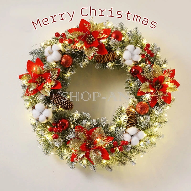 クリスマス 花輪 クリスマスリース 玄関 40cm 50cm 60cm ドアリース 玄関リース オーナメント 飾り 松笠 松ぼっくり LEDライト付き ブドフラワー 壁飾り 壁掛け 結婚祝い 開店祝い
