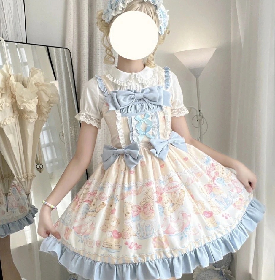 迅速な出荷 ロリータ ワンピース ショート丈 膝丈 ジャンパースカート 大人 ゴスロリ＆ロリータ服 ミニ ワンピース キャミソール ドレス 萌え萌え クマ プリント 蝶リボン Lolita 甘ロリー