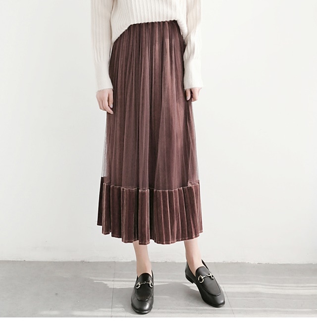 3363.シースルーミモレ丈チュールスカート（ブラウン）2019 春夏 sale 春夏 sale ボトムス 美ライン おしゃれ カジュアル きれいめ フレア レース ロング エレガント お出かけ お呼