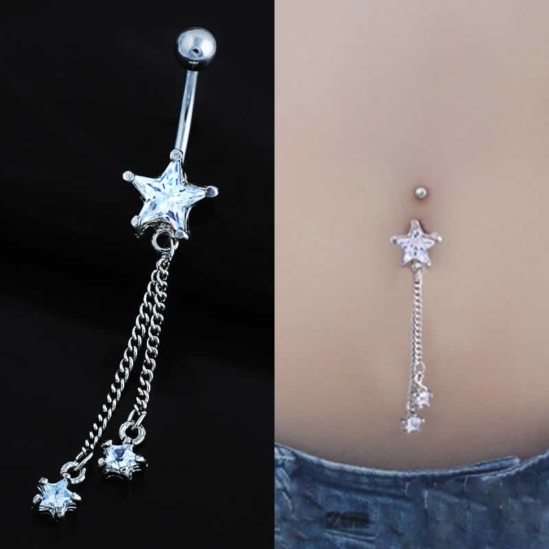 流星チャームへそピアス 14G 14ゲージ スター 星 ジルコニア クリスタル ラインストーン ヘソピアス 臍ピアス ボディピアス サージカルステンレス ネイブル ボディ bn298