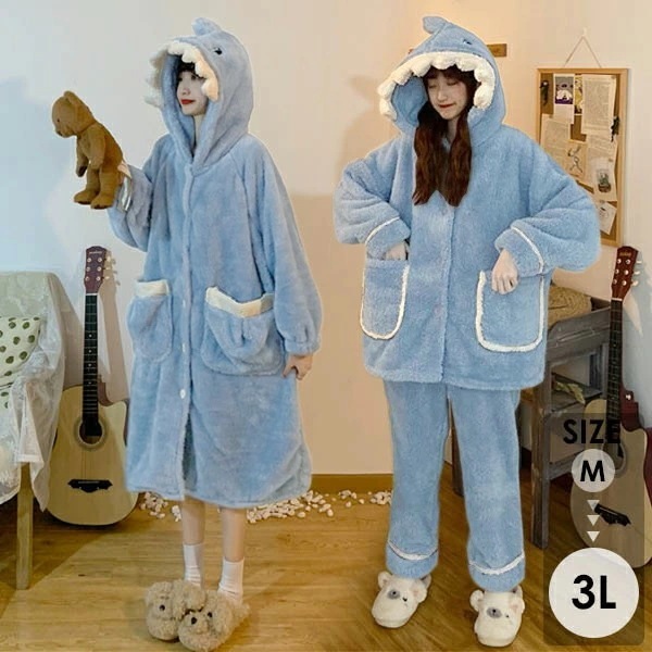 もこもこパジャマ ナイトガウン レディース サメ柄 冬 かわいい 上下ゼット 長袖 ルームウェア 帽子付き 着る毛布 もこもこ パジャマ 部屋着 寝間着 おうち時間 女性用 ふわふわ 前開き 韓国 暖 5,593円