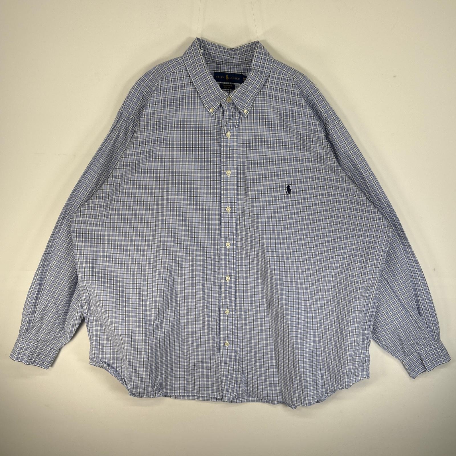 古着 長袖シャツ ロゴ 刺繍 チェック ボタンダウン 大きいサイズ 薄手 2XL 水色系 マルチカラー メンズ