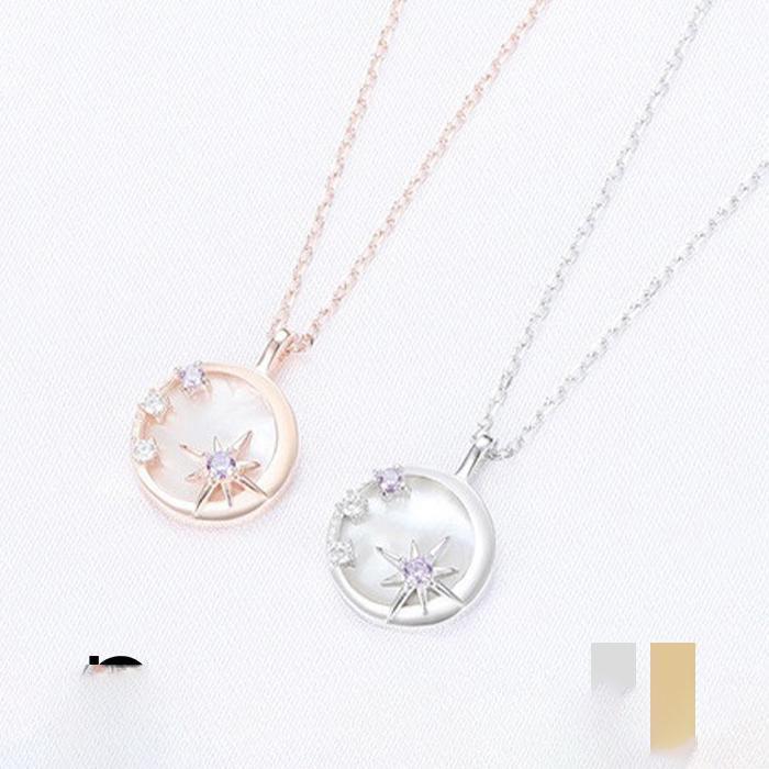 ネックレス レディース 月 星 Star Necklace 貝殻形プレート 2WAY 両面 シルバー925 プラチナ仕上げ 彼女 妻 娘 母の日ギフト 記念日