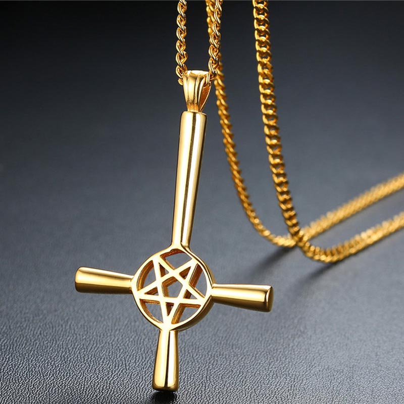 ゴールド パニッシュクロススターステンレスネックレス(60cmのチェーン付き) ペンダントトップ サージカルステンレス316L メンズ レディース チョーカー 十字架 stt00-00-0732