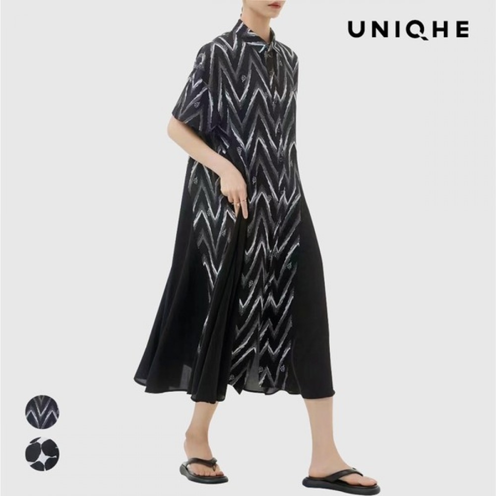 [UNIKE] モダンプリント半袖シャツワンピース