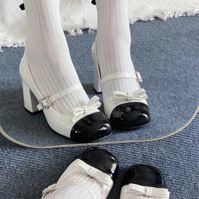 ミスアンパテントレザーバージョンオリジナルと本物のエレガントなホワイトマッチデイリー婦人靴スモールフレグランススタイルハイヒールメリージェーンロー