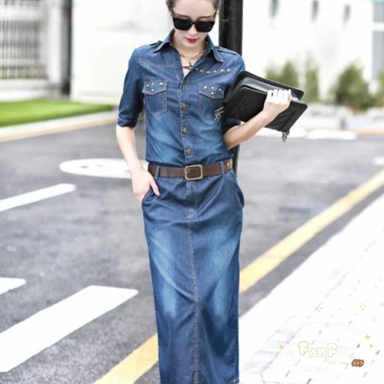 シャツワンピース タイト デニム ワンピース 長袖 ロングワンピース デニムワンピース マキシ丈 ロング丈 デニムシャツ レディース 美シルエット　春服