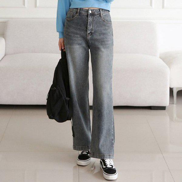 Hスタイル(CC)KF-82石青バイオウォッシングジッパーワイドパンツ 秋 女性 バンディングパンツ デニムパンツ