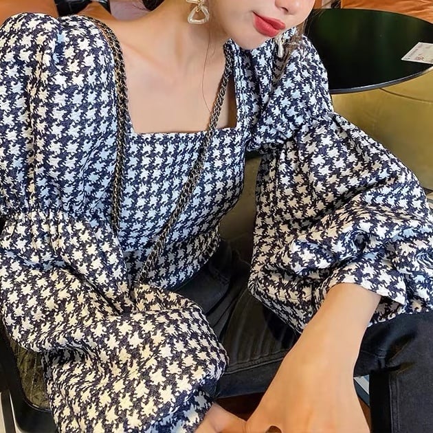 レディース トップス シャツ シャツブラウス 千鳥格子柄 袖あり ボリューム袖 パフスリーブ 長袖 5,412円