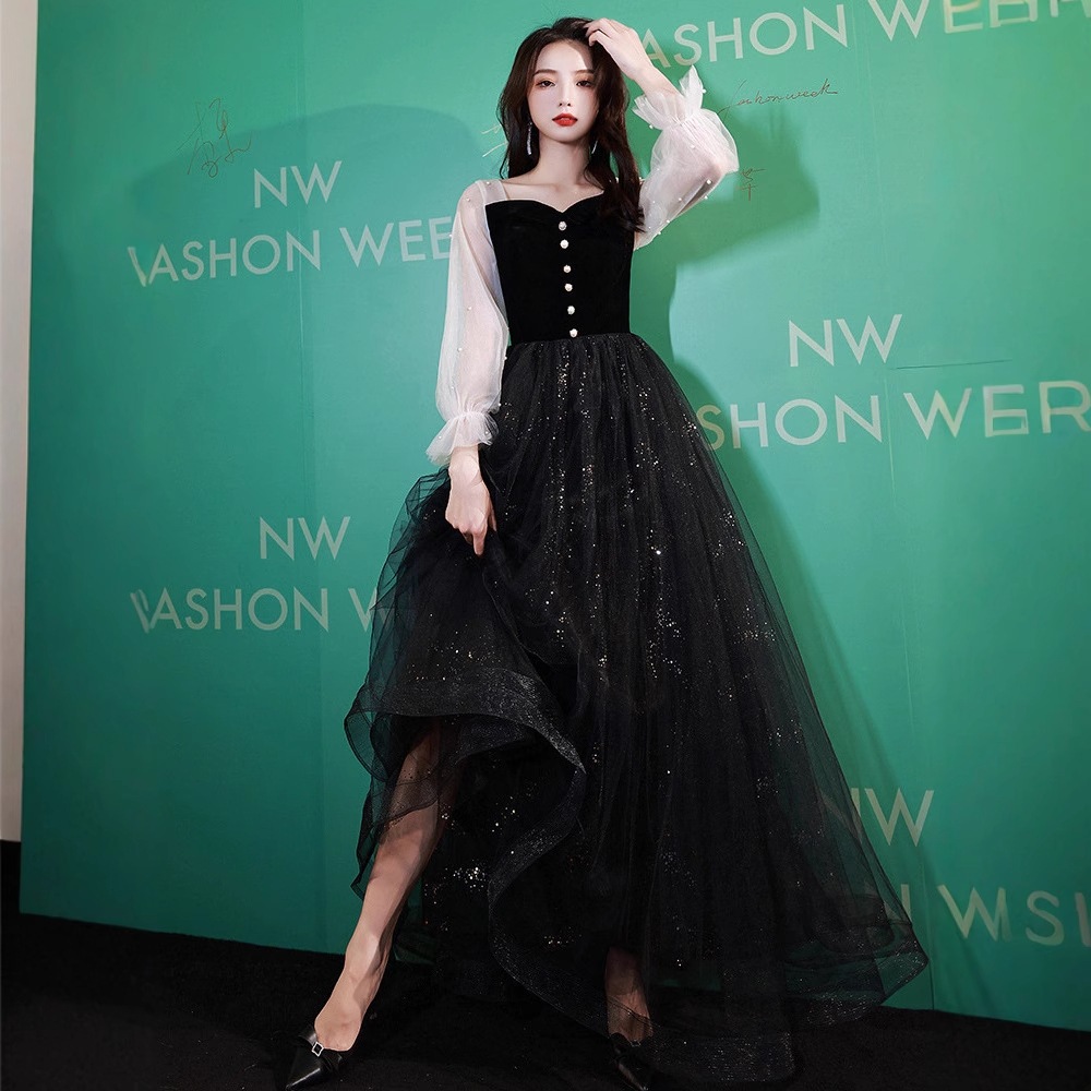 司会者芸考黒イブニングドレス2025長袖宴会気質ワンピース会イブニングドレス 6,438円