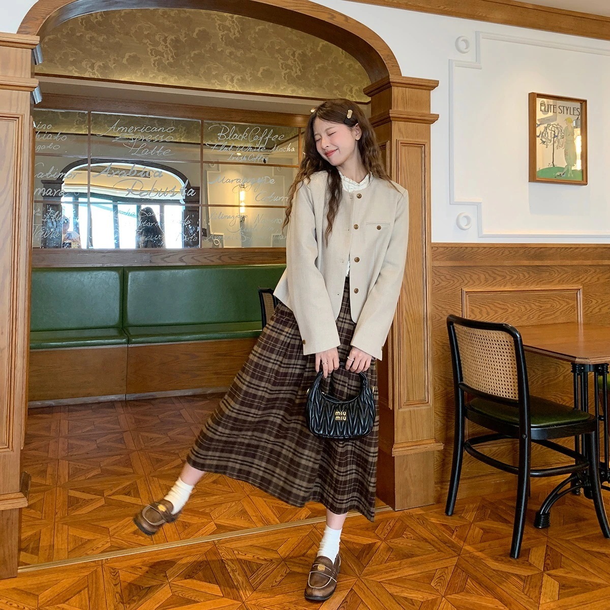 レトロチェック柄スカート2024秋気質万能スリムデザインスカート