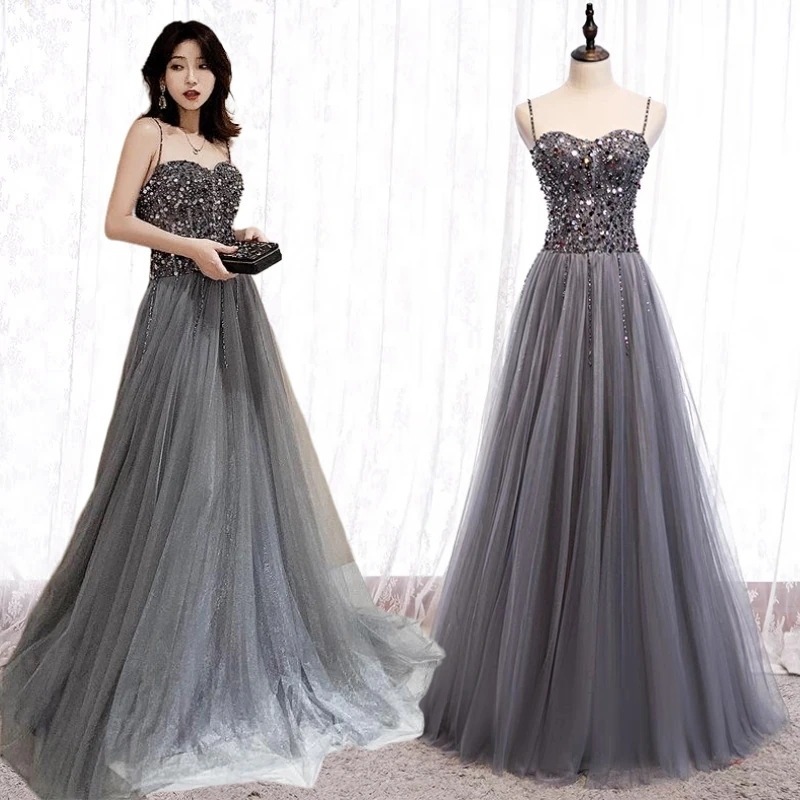 カラードレス グレー 演奏会 Aラインドレス コンサート 結婚式 ロングドレス 披露宴 パーティード コンクール カクテルドレス フォーマルドレス 二次会ドレス ウエディングドレス