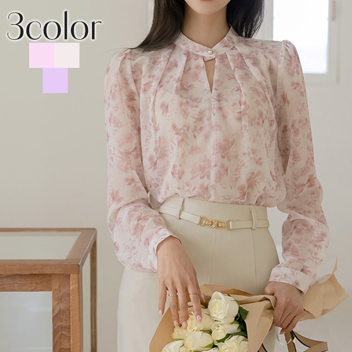 ブラウス レディース 花柄 シフォン 春 シースルー デート 長袖