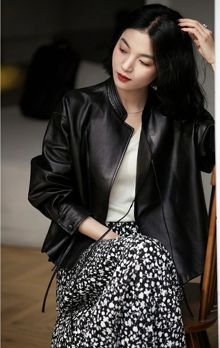 大好評 レディース ラムレザージャケット シンプル 無地 軽量 中式デザイン ショート丈 ブラック M L XL 2XL 春秋冬対応【X&W】