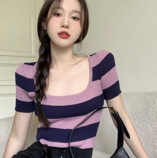 トップス カットソー スクエアネック 襟なし タイト デザイン 美ライン ニュアンス リブ 伸縮性 かわいい 大人可愛い きれいめ シンプル カジュアル 大人 上品 おしゃれ お洒落 大人可愛い