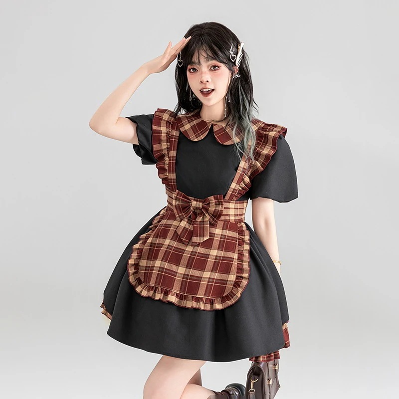 【高品質です】sweet Girl チェック柄 カラーブロックワンピース 2024夏 改良版メイド風ショートスカート リトルブラックスカート ロリータ