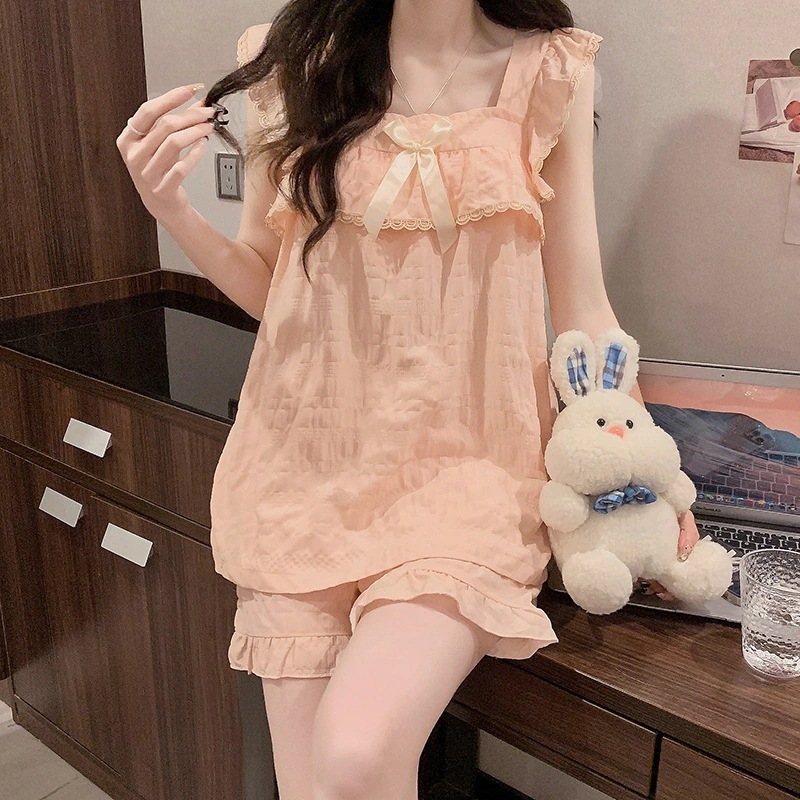 【1点購入 で10点 プレゼント】胸がパッド入った正方形の襟の女性用の織物パジャマの半袖おしゃれでかわいいプリンセススタイルの家庭用服セット