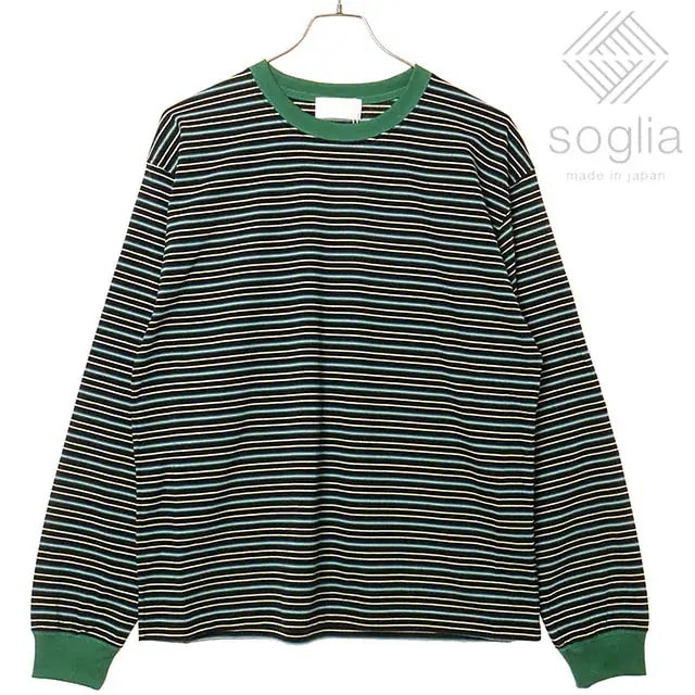 ソリア Sオープンエンド マルチボーダー ロングスリーブTシャツ メンズ・レディース トップス カットソー 長袖 日本製 黒緑ボーダー Black-border 正規取扱店