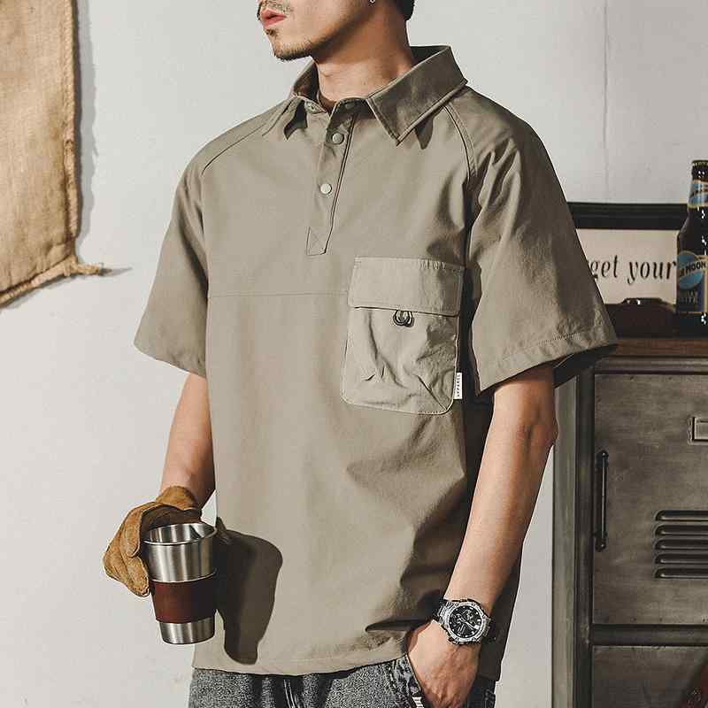 ポロシャツ アメリカン ワークウェア レトロ 半袖 Tシャツ メンズ 夏 高弾性 ナイロン シャツ襟 男性 ポケット 黒 ブラック カーキ