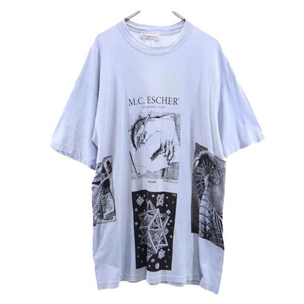 マウリッツエッシャー 90s USA製 マルチ だまし絵 プリント 半袖 Tシャツ 青系 M C Escher メンズ